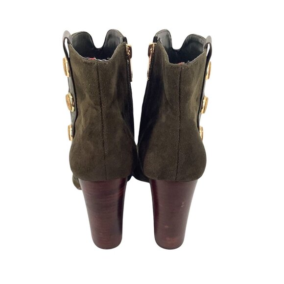 Tommy Hilfiger Womens Heeled Ankle Boots Olive Suede & Leather Gold Button S 8.5 - Picture 3 of 10